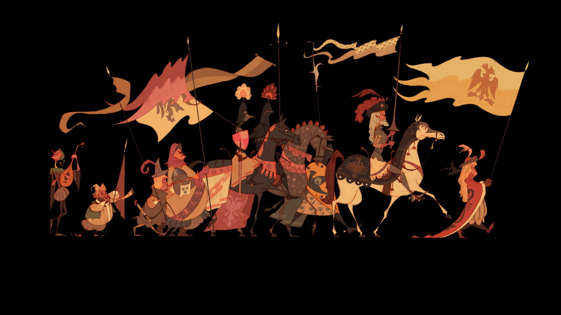 knights and musicians on a black background