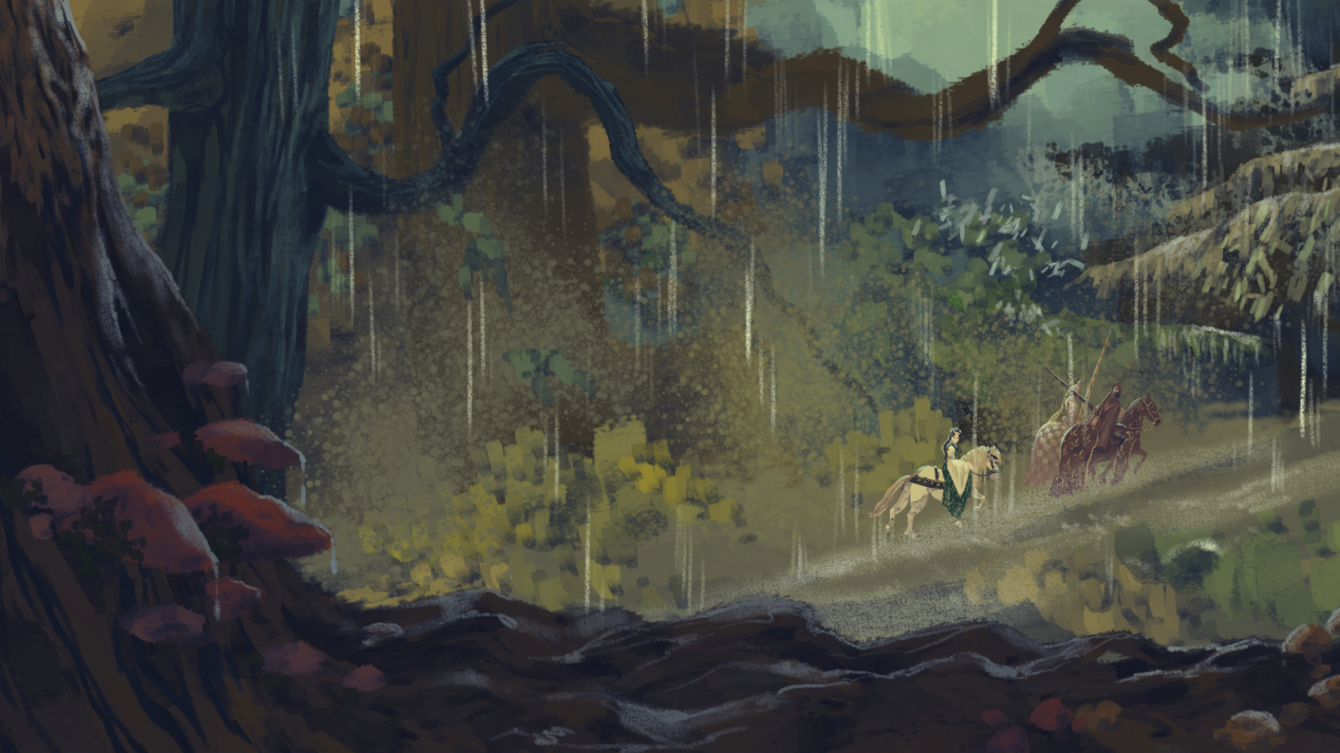 digital painting of a rain in the forest with riders in the background