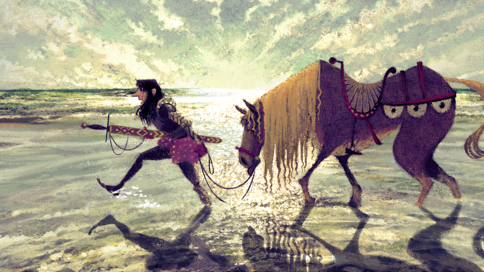 A knight and his horse are walking into water